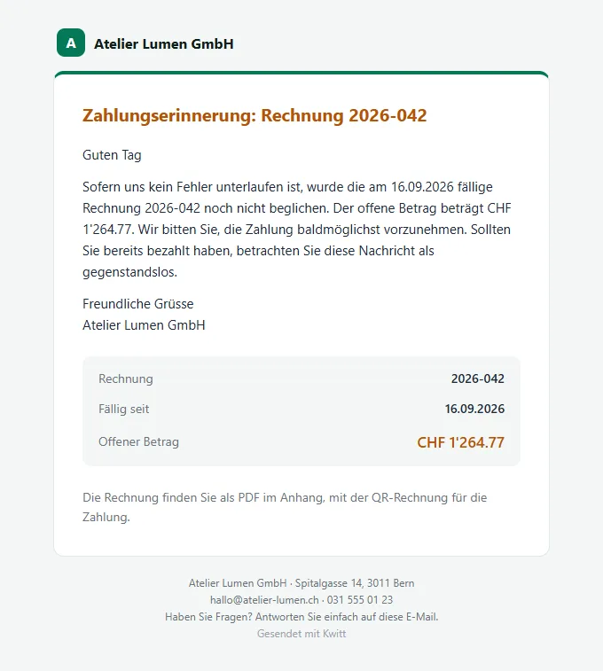 E-Mail, wie der Kunde sie erhält: Die Zahlungserinnerung, wenn die Zahlung ausbleibt