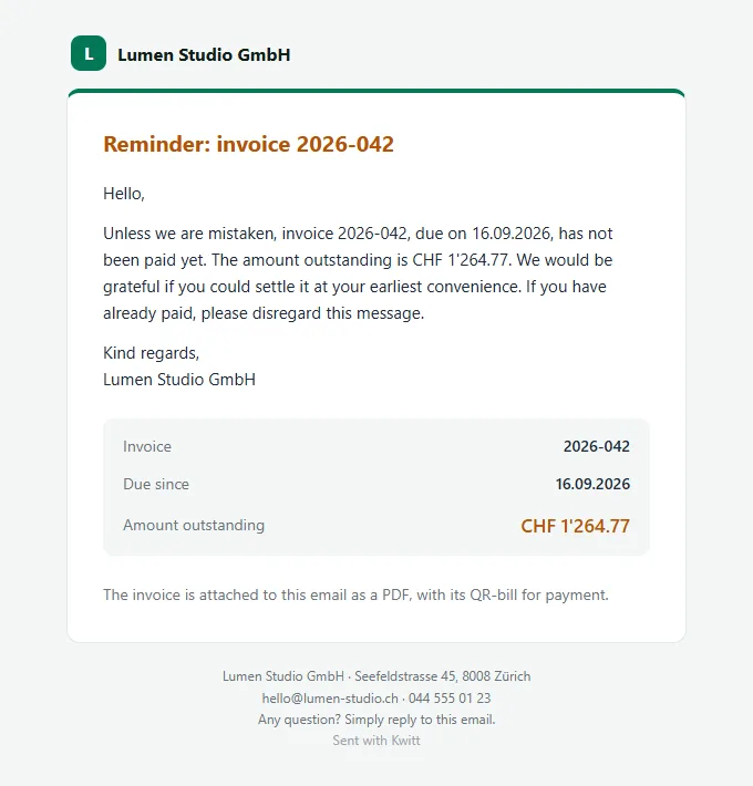 Email as the client receives it: The reminder, if payment is late