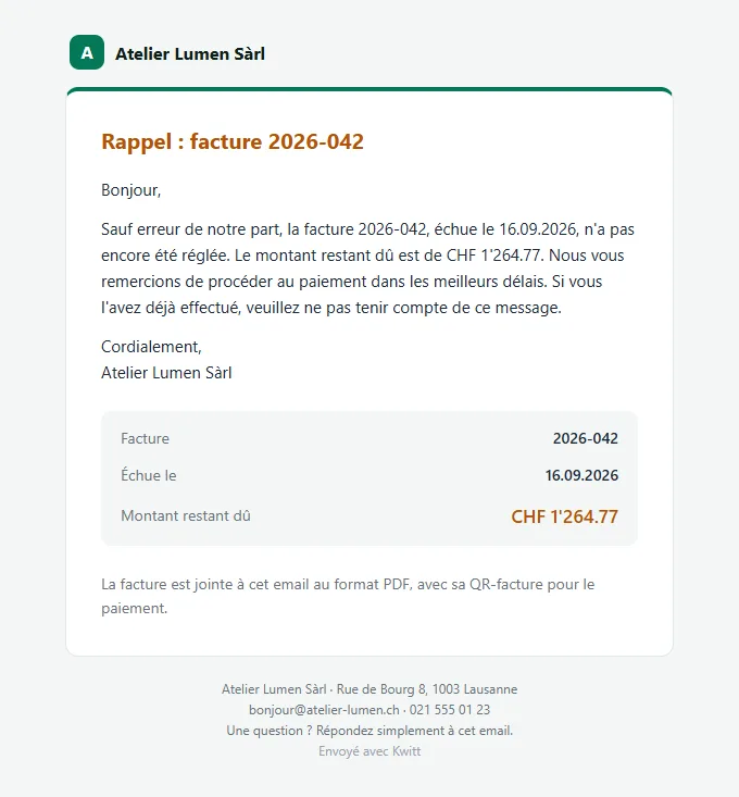 E-mail reçu par le client : Le rappel, si le paiement tarde